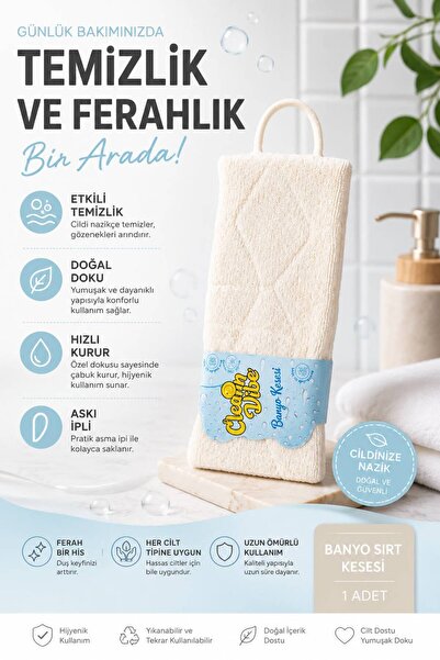 Clean Vibe Çift Taraflı Banyo Sırt Kesesi Vücut Peeling Kesesi Uzun Banyo Lif...