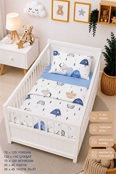 Yada Baby %100 Pamuklu Kumaştan Bebek 5 Parça Yorgan Ve Nevresim Takımı & Uyk...