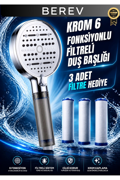 Berev 6 Fonksiyonlu Filtreli Krom Duş Başlığı 3 Adet Yedek Filtre Su Tasarruf...