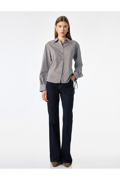Koton Viscose Classic Collar Striped Shirt with Buttoned Sleeves and Tie Detail