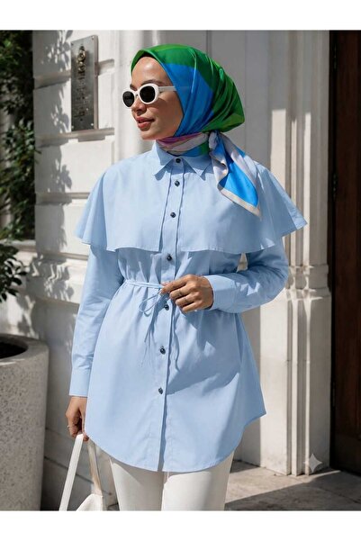 YEK&BİR Women's Stylish Tunic Shirt with Cape Collar and Button Detail