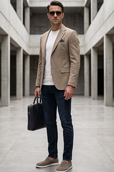 İmza Beige Mono Collar Knitted 6 Drop Slim Fit Jacket 1002260152
