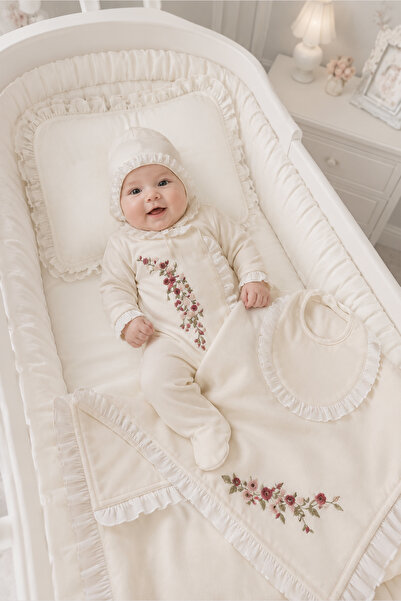 Sitilin Baby Girl 100% Cotton Natural Flower Embroidered Lace Detailed 3-Piece Hospital Exit Set Stl7078