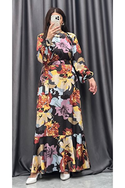 NİSUM MODA Rochie hijab din satin cu modele florale