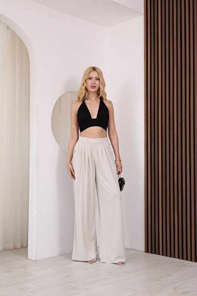 sahraozluk Pleated Modal Fabric Wide-Leg Trousers Stone Color
