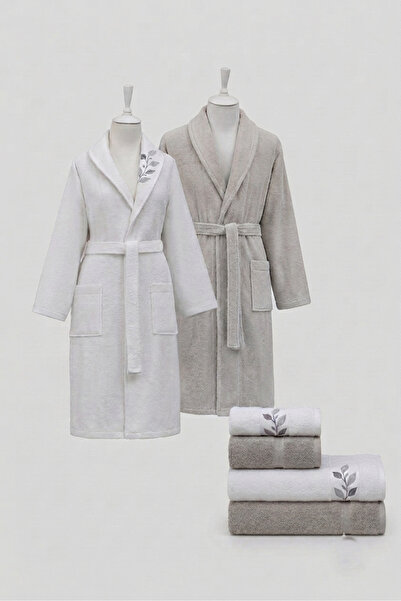 Özdilek Leafspace Family Bathrobe Set Beige-White M/L