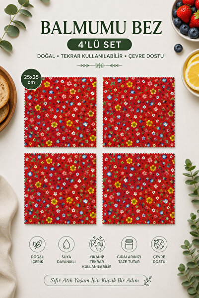4’lü Balmumu Gıda Saklama Bezi 25x25 cm – %100 Pamuk, Yıkanabilir ve Tekrar Kullanılabilir