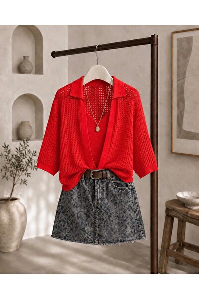 sumoda Women's Mercerized Short Sleeve Mesh Polo Collar Spring Summer Cardigan