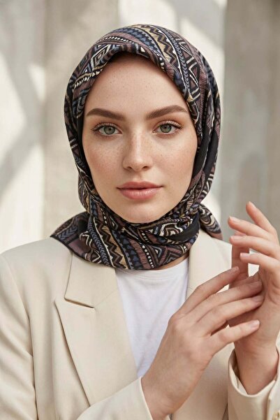 Vissona % 57 İPEK % 43 VİSKON Twill İpek Etnik Desenli Gül Kurusu - Siyah Ren...