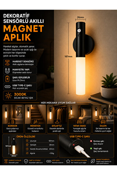 BİOL Aydınlatma Sensörlü Akıllı Magnetik Led Aplik