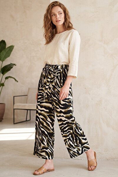 hadiora Women's Black Khaki Abstract Patterned Atlas Wide Leg Pants