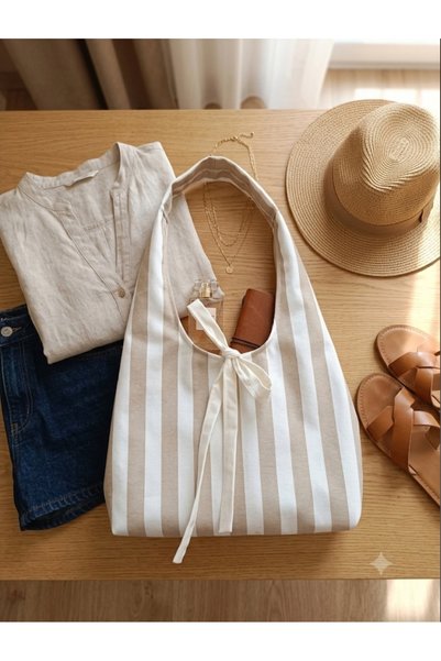 ÖZLEM HANDMADE Striped Liquid Repellent Fabric Hobo Handbag, Cloth Bag