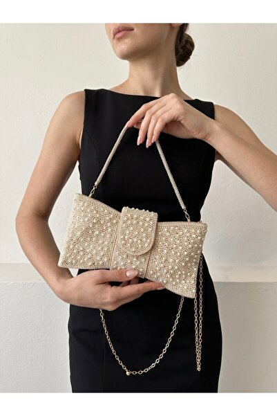 emelimin Kadın Beyaz İnci İşlemeli Fiyonk Tasarımlı Abiye Clutch El ve Omuz Ç...