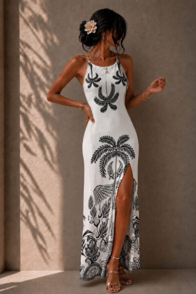 Vavelsa Backless Patterned Slit Long Dress