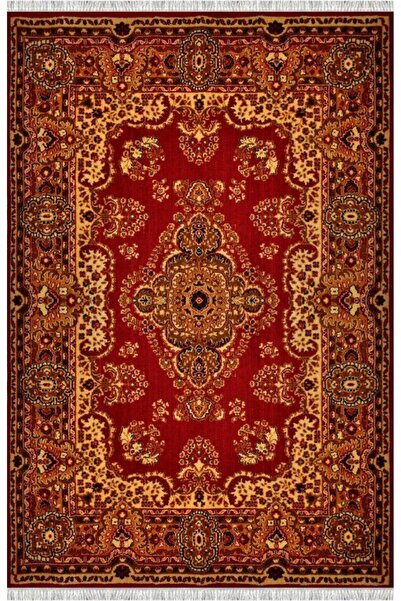 Carpettex Kırmızı Klasik Halı Desenli Dijital Baskılı Kaymaz Tabanlı Salon Halısı Dijital Baskı Halı 7 mm