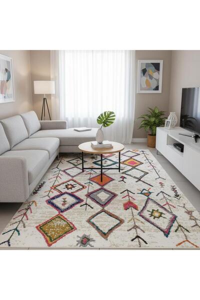 Carpettex Krem Çok Renkli Boho Motifli Dijital Baskılı Halı – Kaymaz Tabanlı,...