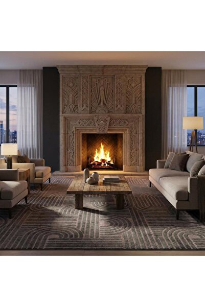 Carpettex Antrasit Modern Geometrik Desenli Dijital Baskılı Kaymaz Tabanlı Yıkanabilir Halı Dijital Baskı Halı
