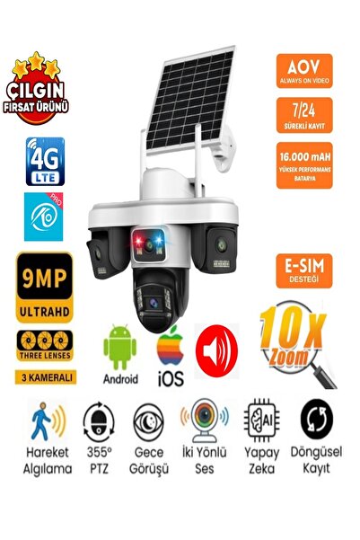 SLTECH O-KAM OK-301 PREMiUM (3+3+3) AOV 9MP 4G Sim Kartlı Solar Panelli 3 Len...