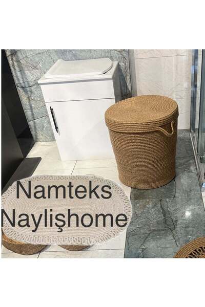 naylişhome Jüt Hasır Gold Beyaz 40x45 cm Kapaklı Çamaşır Sepeti Çok Amaçlı Or...