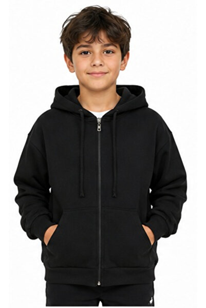 İrem Çocuk Giyim Boy/Girl's Black Hooded Cardigan with Zipper Closure and Bel...