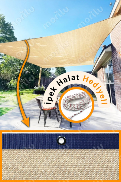 Morilu %95lik Gölgelik KREM FİLE Perde - LACİVERT Şeritli Halkalı - Jüt Gölge...