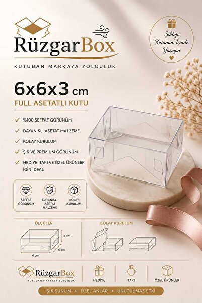 RUZGARBOX 6x6x3 cm Komple Asetat Kapaklı Hediye Kutusu 25'li Paket