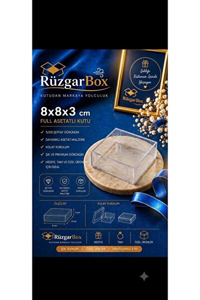 RUZGARBOX 8x8x3 cm Komple Asetat Kapaklı Hediye Kutusu 10'lu Paket