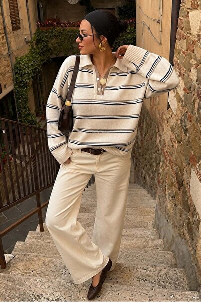 Madmext Ecru Striped Buttoned Polo Collar Sweater Mg2357