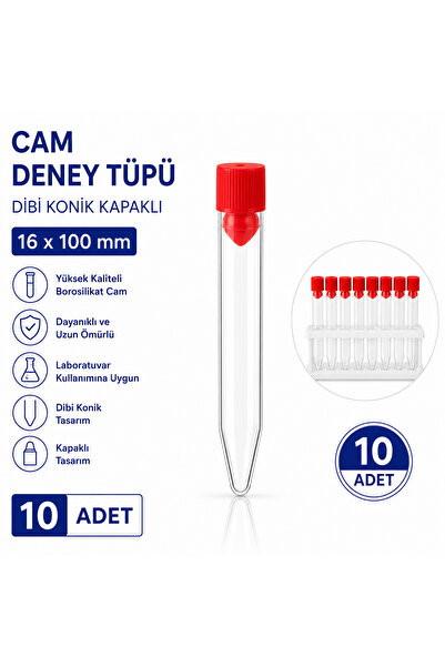 Labolist 16x100 Mm Cam Deney Tüpü Dibi Konik Kapaklı 10 Adet Laboratuvar Test...