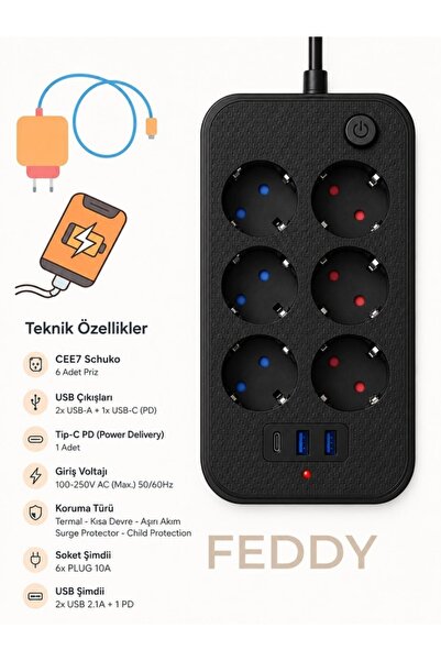 CAILON Akım Korumalı 6’lı Priz 2 USB-A + 1 USB-C Çıkışlı Isıya Dayanıklı Çokl...