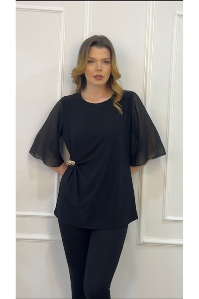 PARKDERİN Plus Size Chiffon Sleeved Blouse with Buckle Detail