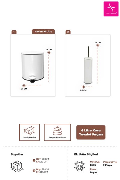 Prima Nova Cigo 2'li Banyo Seti Banyo 6 Litre Çelik Çöp Kovası + Tuvalet Fırçası - Beyaz