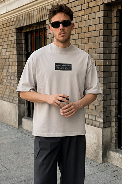 Madmext Painted Gray Lying High Collar Oversize Men's T-Shirt 7005