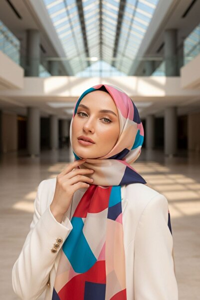 Vissona %100 Saf İpek Şal İnce Saten Vual Dokuma Geometrik Desenli 90x210 Şal
