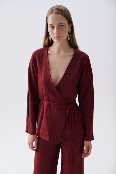 Mudo Women's Burgundy Loose Fit Tie-Up V-Neck Long Sleeve Blouse