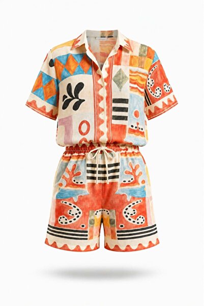 5in1Canpolat Colorful Patterned Shirt Shorts Set 040