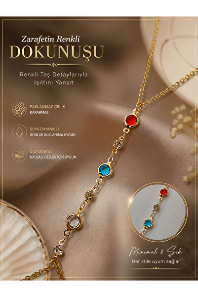 TrendimAksesuar Women's Gold Steel Colorful Stone Shahmeran - Non-Tarnishing ...