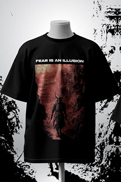 Oversize Unisex Siyah Baskılı Tişört - Fear Is An Illusion Gothic Streetwear Metal Samurai