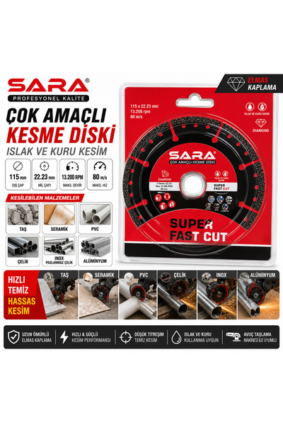 SARA Çok Amaçlı Kesme Diski Taş/Pvc/Seramik/Çelik/Inox/Alüminyum Keser 115X22...