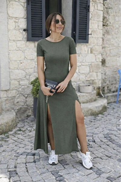 Generic Brand Women's Short Sleeve Backless Slit Detailed Viscose Dress