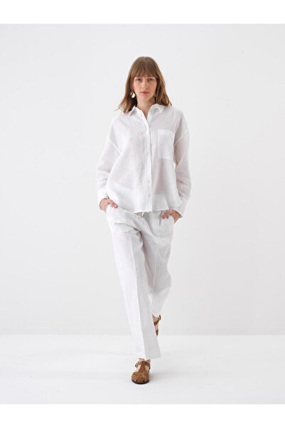 Xint Kadın Beyaz %100 Keten Oversize Gömlek
