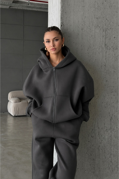 YAKAMEL KADIN 3 İPLİK OVERSİZE FERMUARLI SWEATSHİRT HIRKA