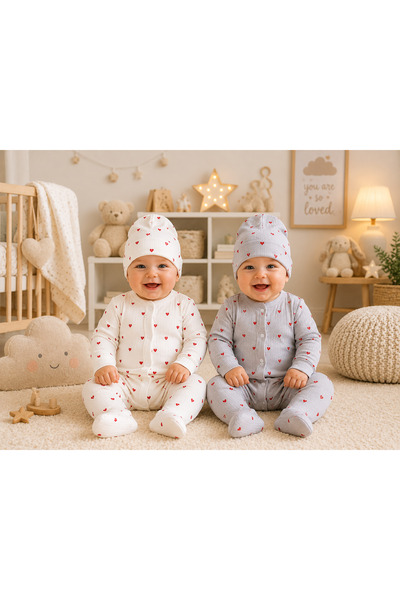 Tontiny Heart Patterned 100% Cotton Jumpsuit & Hat Set, 2-Piece Sleep Sack Se...