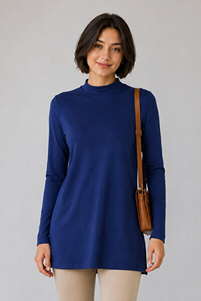 penyebizden Premium Viscose High Collar Long Tunic-Navy Blue