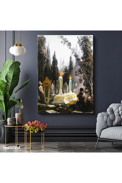 Vertical Canvas Painting Historical Cemetery and Cypress Trees Ottoman Painting Home Office Wall Decor
