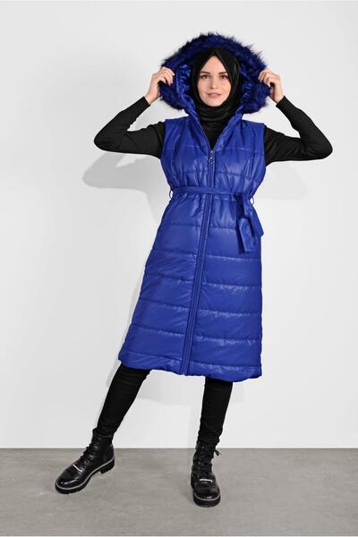 TRENDTESETTÜR KADIN LACİVERT (SAKS) KAPÜŞONLU ŞİŞME YELEK 5687