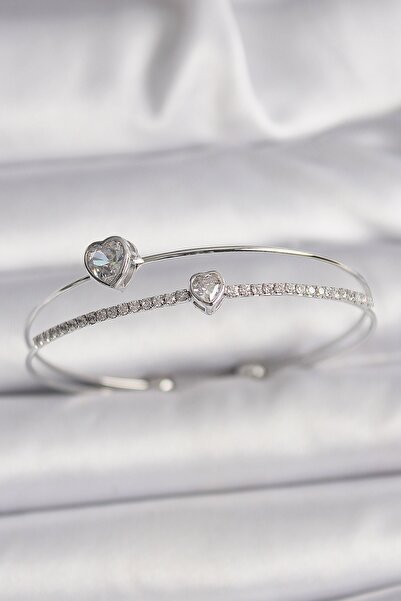 Inure Jewelry Brass Silver Color Zircon Stone Heart Model Women's Bracelet