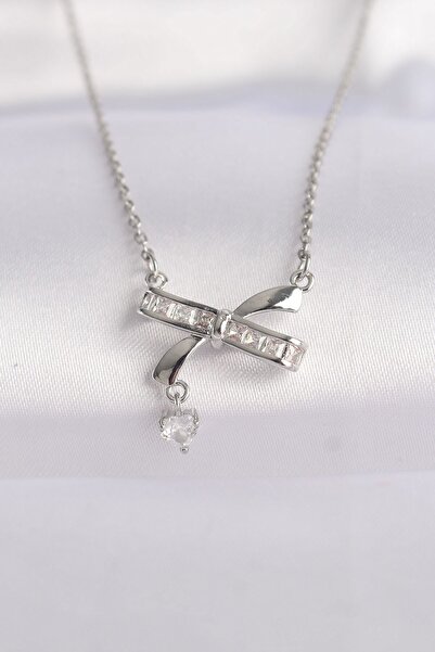 Inure Jewelry 316L Steel Chain Silver Color Zircon Stone Heart Detail Bow Nec...