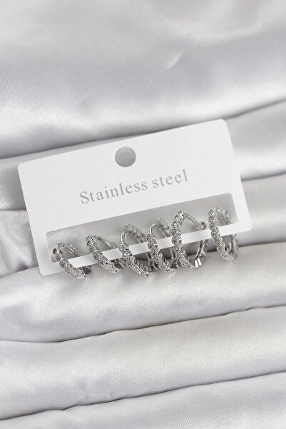 Inure Jewelry طقم أقراط نسائية من الفولاذ 316L باللون الفضي وحجر الزركون