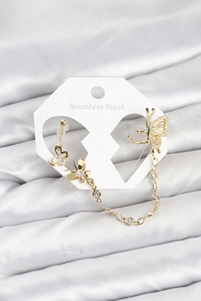 Inure Jewelry طقم أقراط على شكل فراشة من النحاس باللون الذهبي مع سلسلة متصلة
